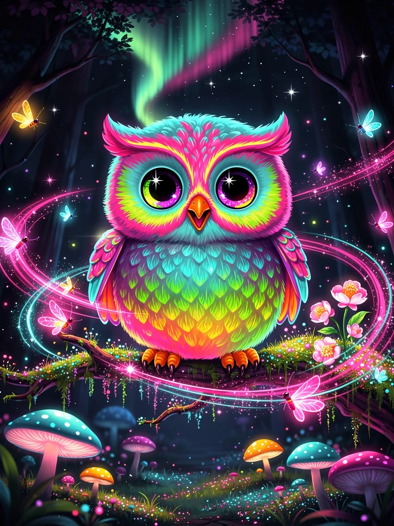 Neon Baby Owl On Glowing Branch In Enchanted Forest