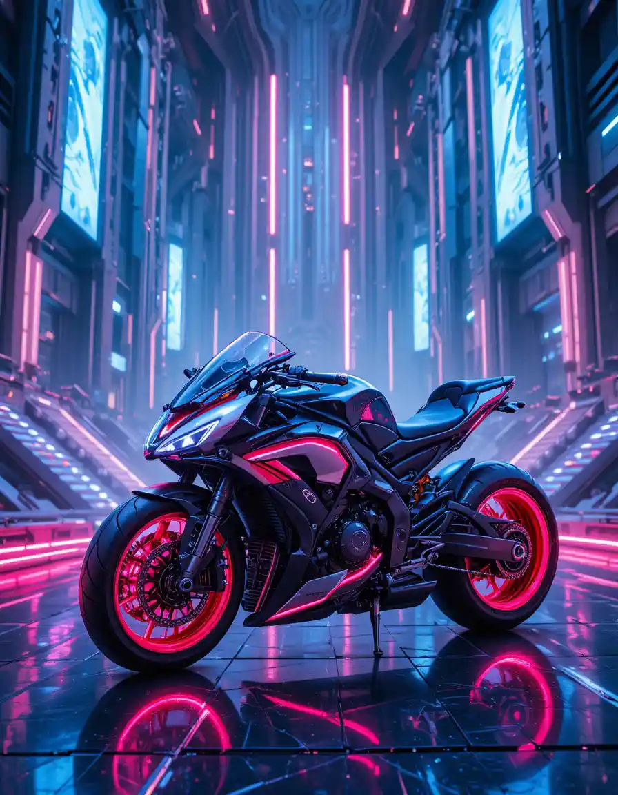 Moto futurista em paisagem urbana sci-fi iluminada por neon
