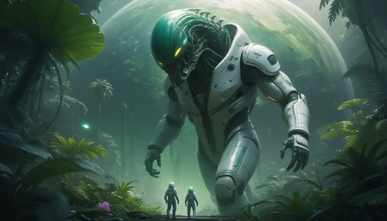 Alien biomecânico colossal caminhando por um mundo de selva exuberante