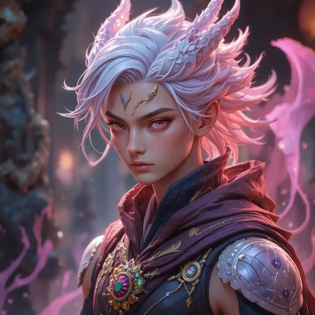 Young dragon man with pink eyes in fantasy style