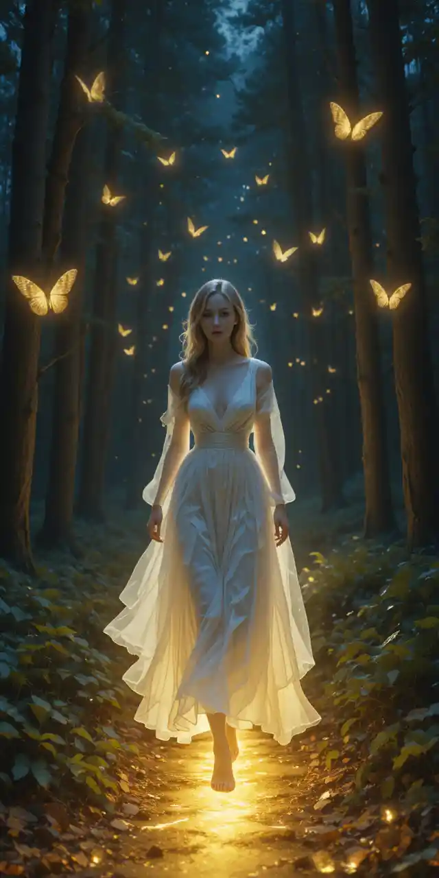 Ghostly woman walking barefoot along a glowing forest path