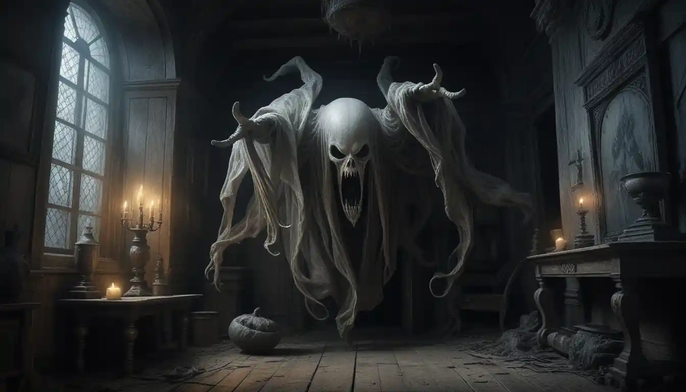 Ghostly apparition screaming above creaking wooden floor