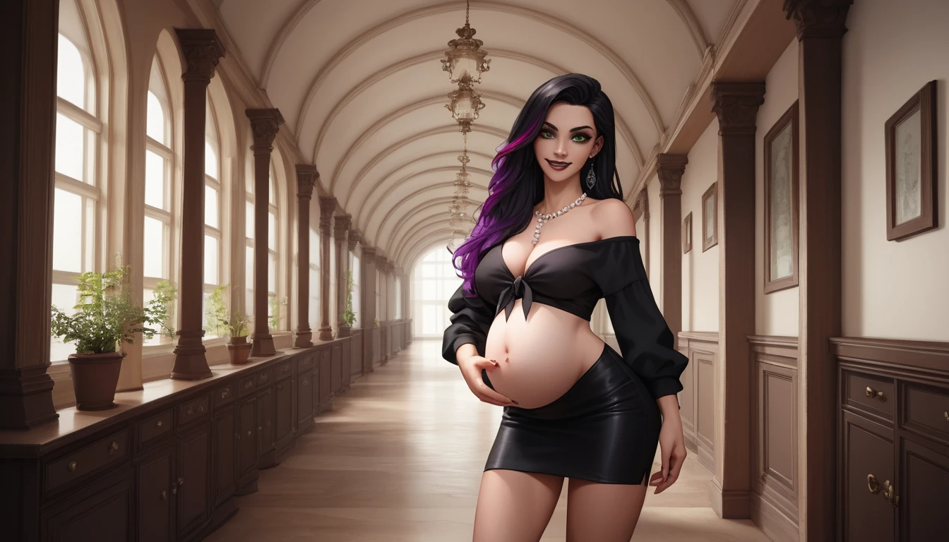 Pregnant Japanese goth model posing in a rustic hallway