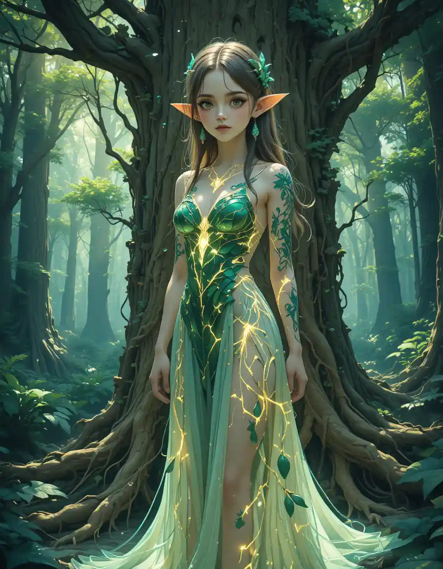 Elven girl with glowing tattoos in a sacred magic forest