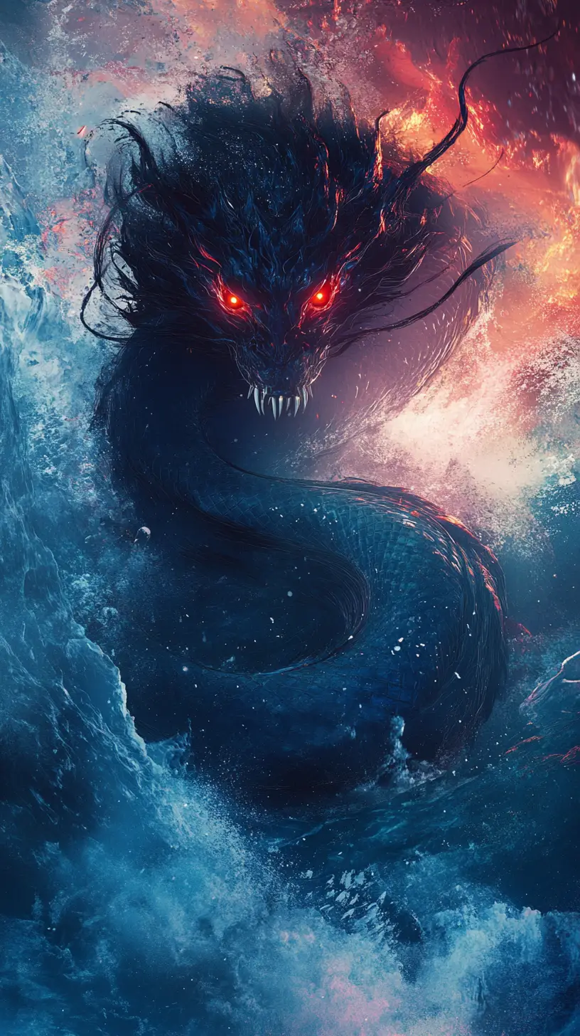Primordial sea goddess unleashing chaos on rebel gods
