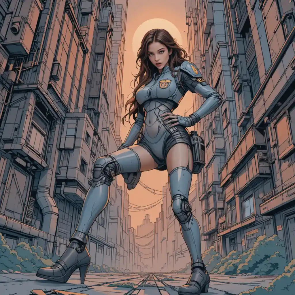 Cybernetic police woman surveying a crime scene platform