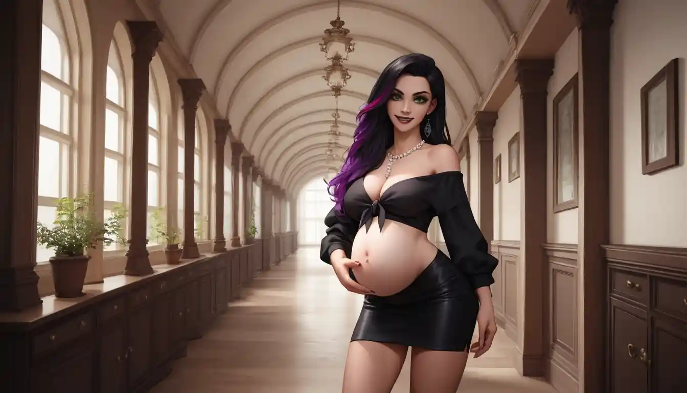 Pregnant Japanese goth model posing in a rustic hallway