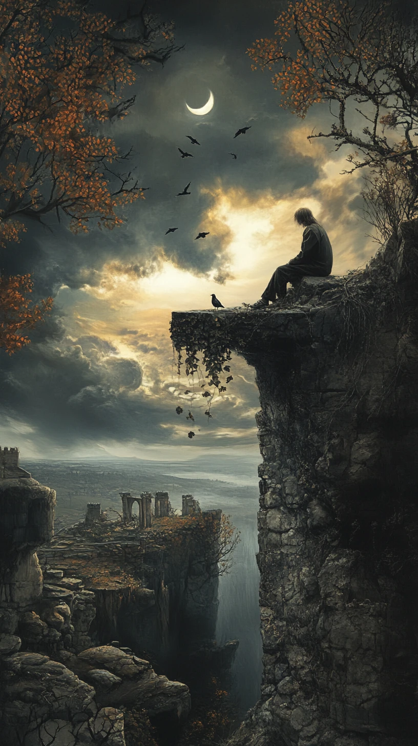 Man standing on the edge of a surreal rocky cliff