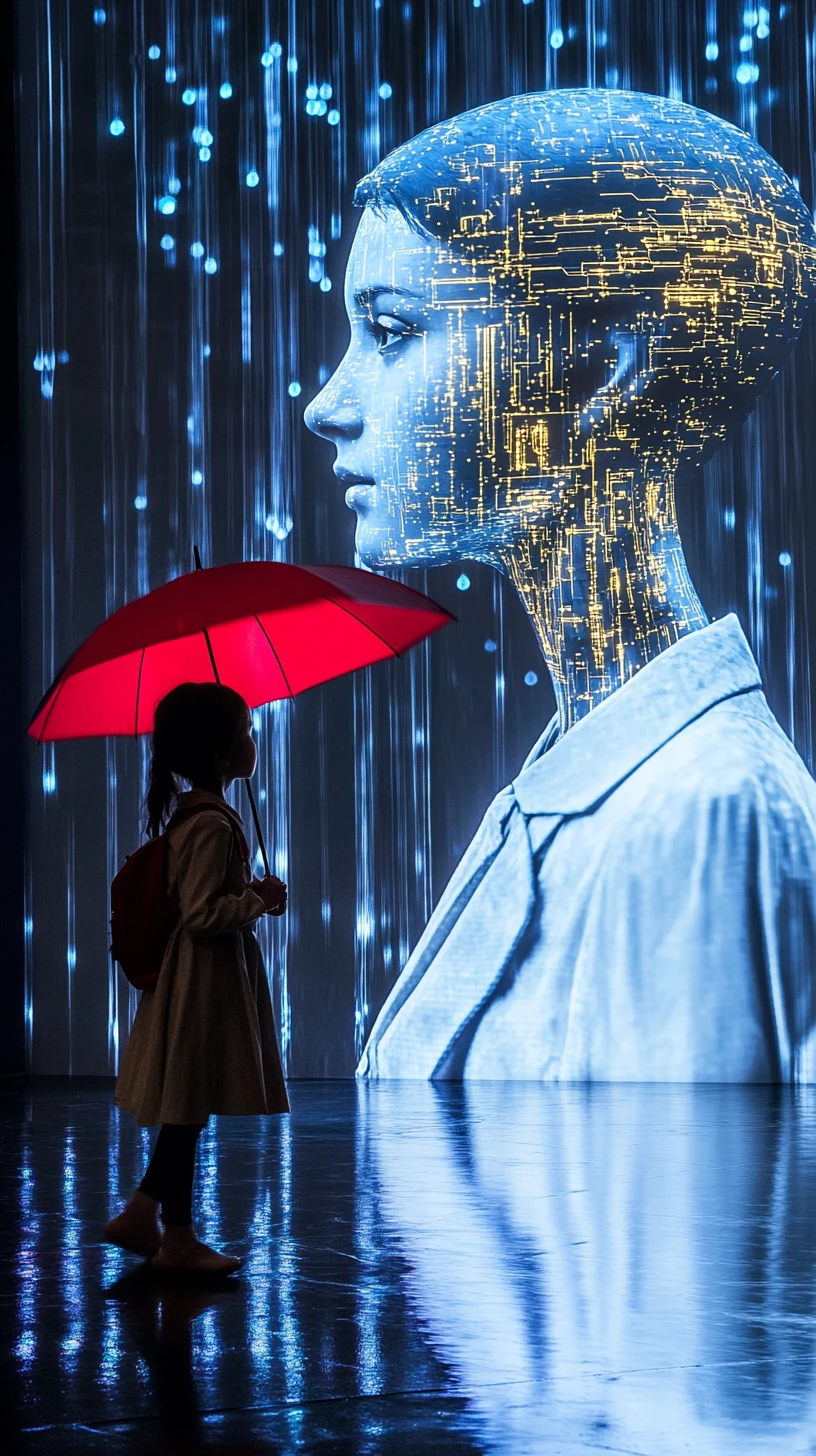 Bambina con ombrello rosso davanti a proiezione digitale cyberpunk