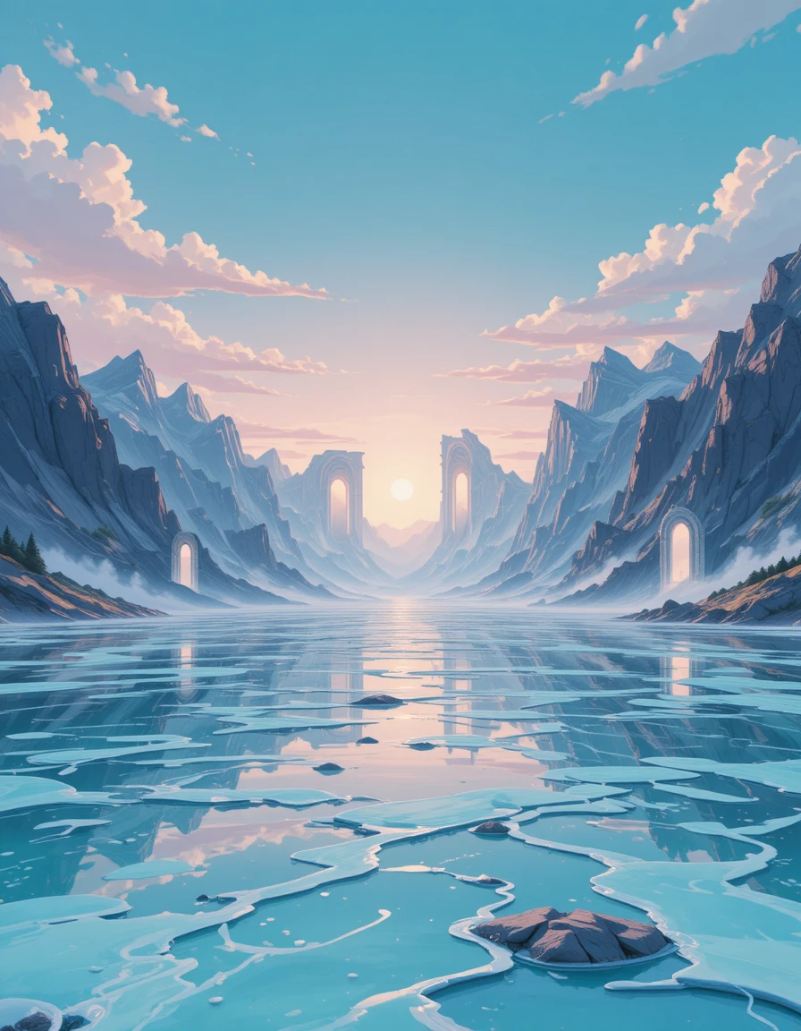 Surreal reflective valley with portals under a pastel sky