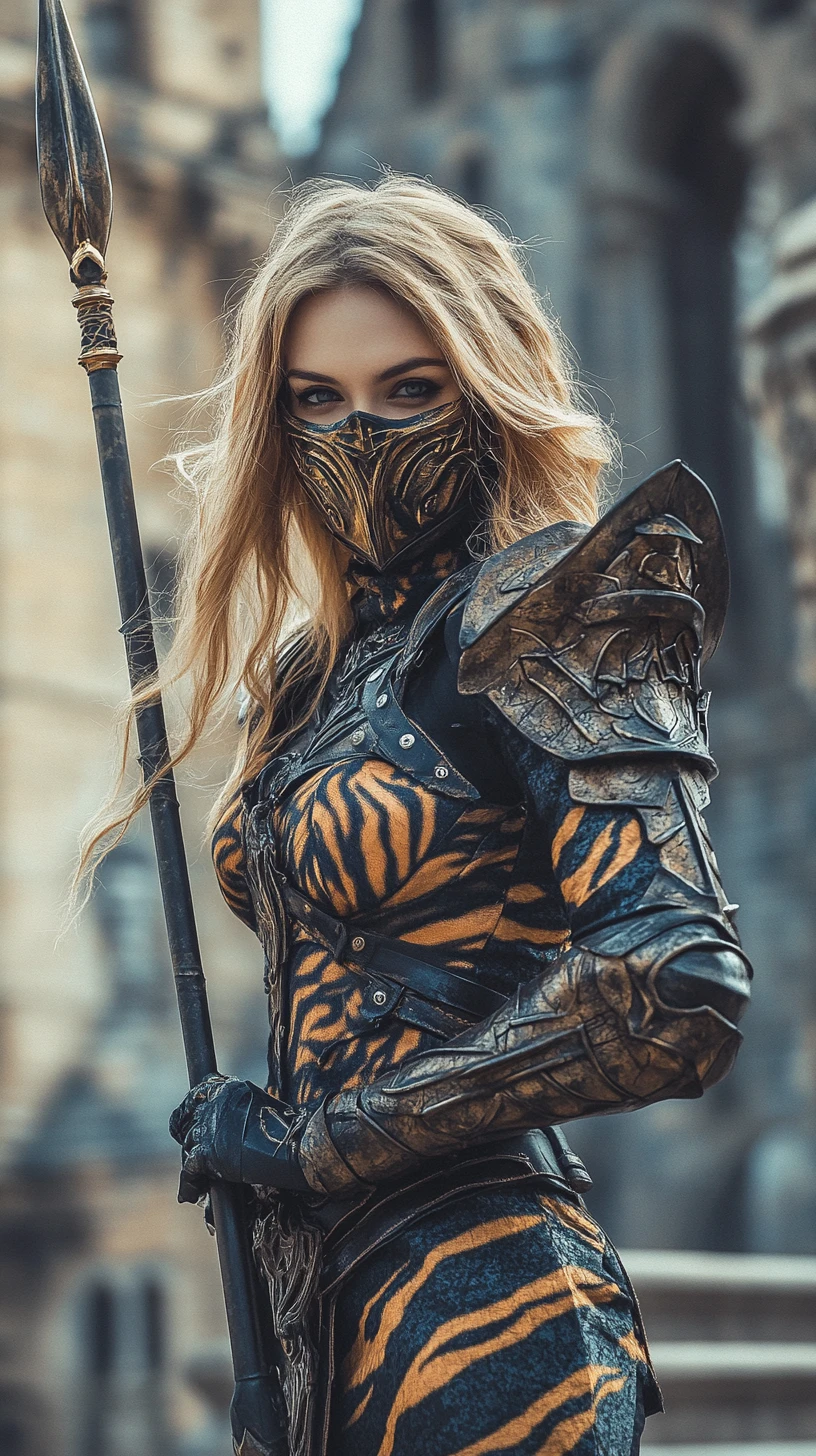 Determined Woman Warrior In Tiger Armor Before Medieval Castle