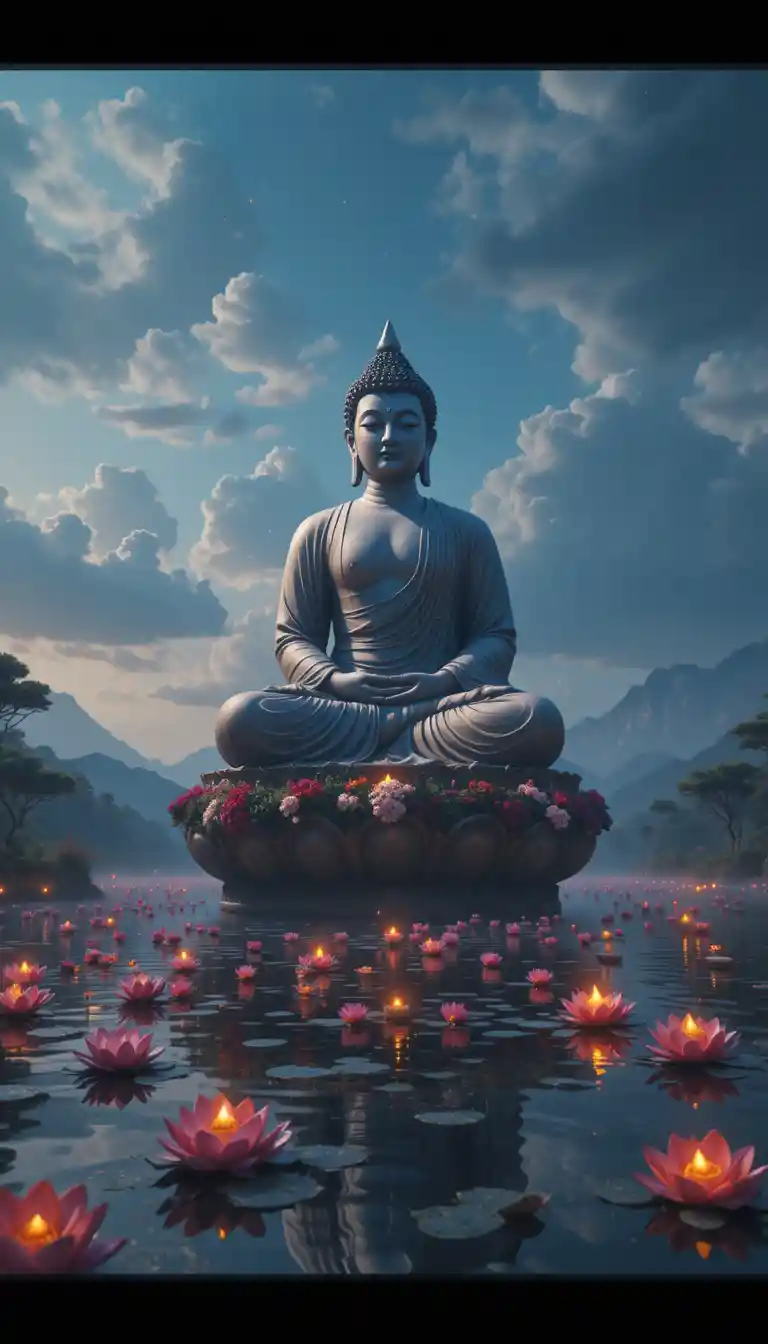 Giant Buddha Statue Floating Peacefully On A Lotus Filled River