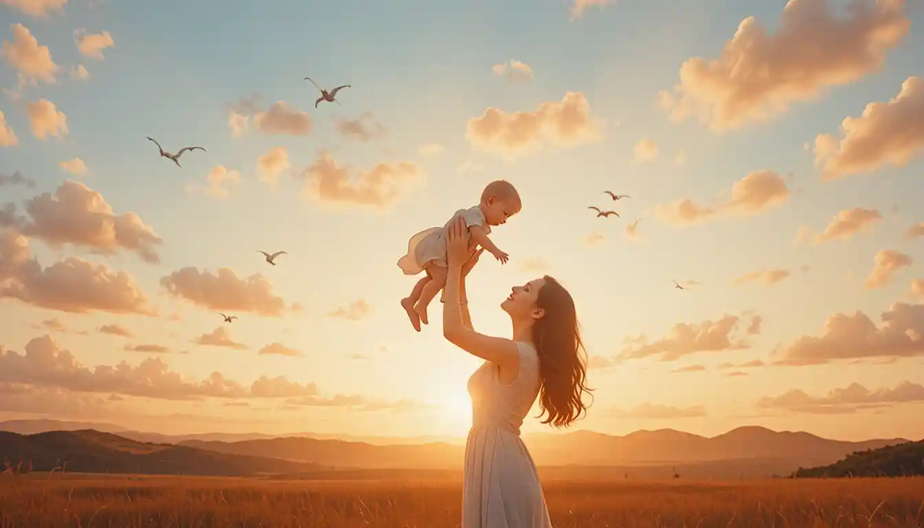 Mãe ergue o bebê contra um céu de pôr do sol quente e radiante