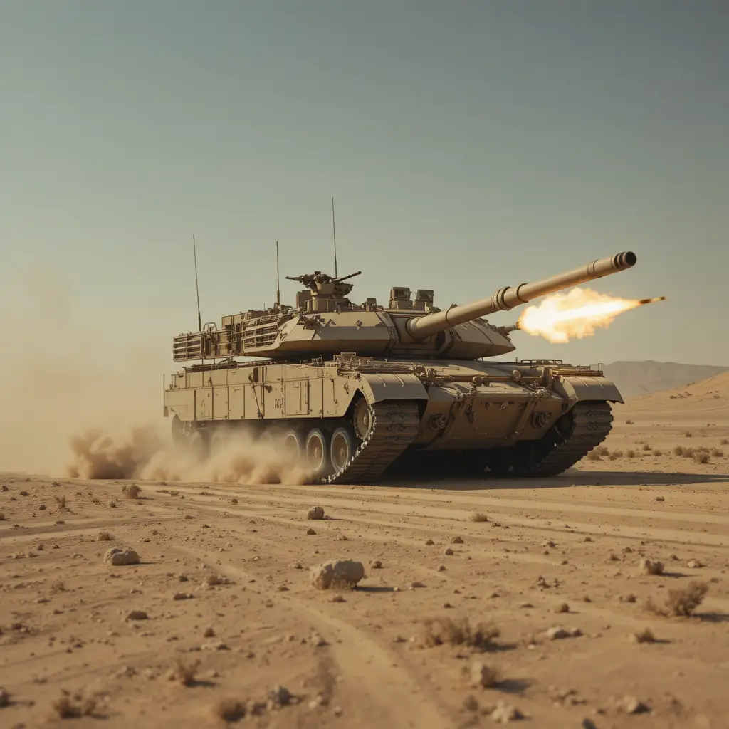 American Abrams tank charging through desert while firing