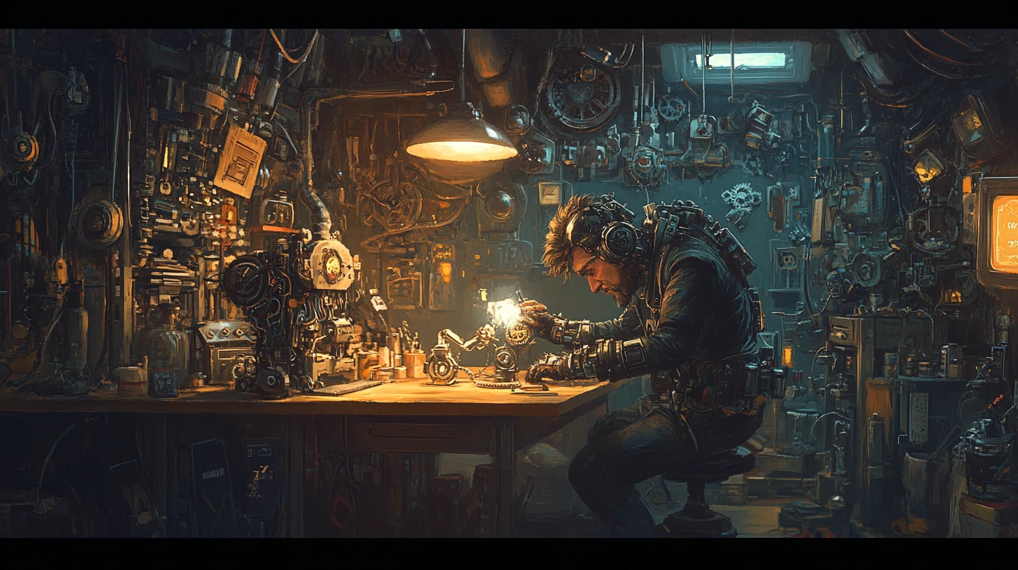 Lutin cybernétique fabriquant un minuscule dragon mécanique dans un atelier sombre