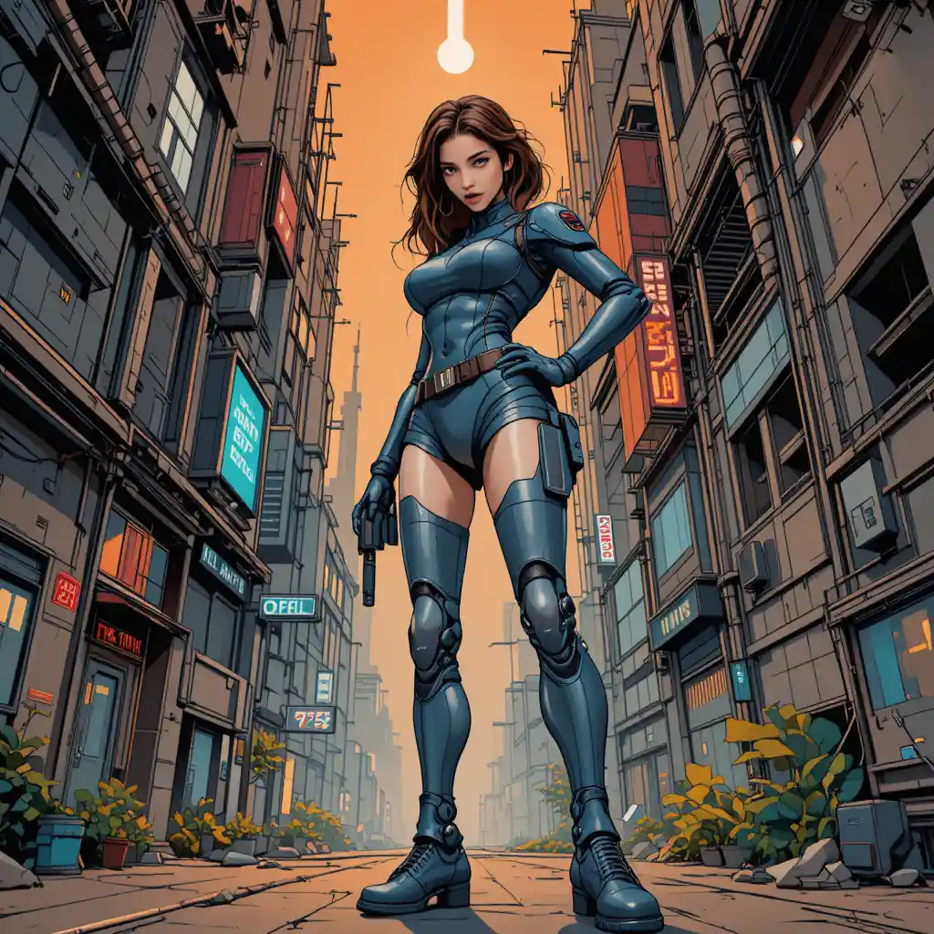 Cybernetic policewoman surveying a crime scene platform