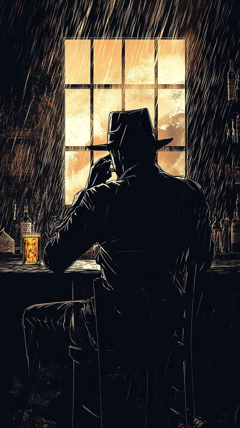 Weary detective alone at the bar in noir shadows