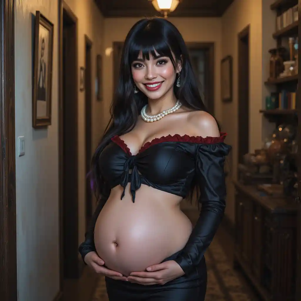 長い黒髪と妊娠したお腹を持つゴス系日本人モデル