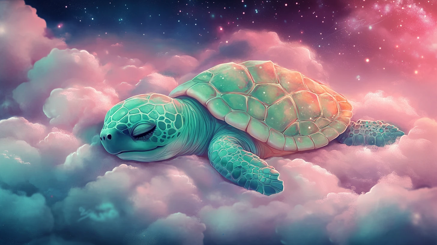 Sleeping baby sea turtle on a pink cloud