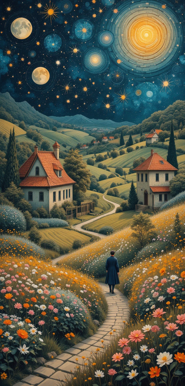 Joyful cats in a small fantasy village tapestry landscape