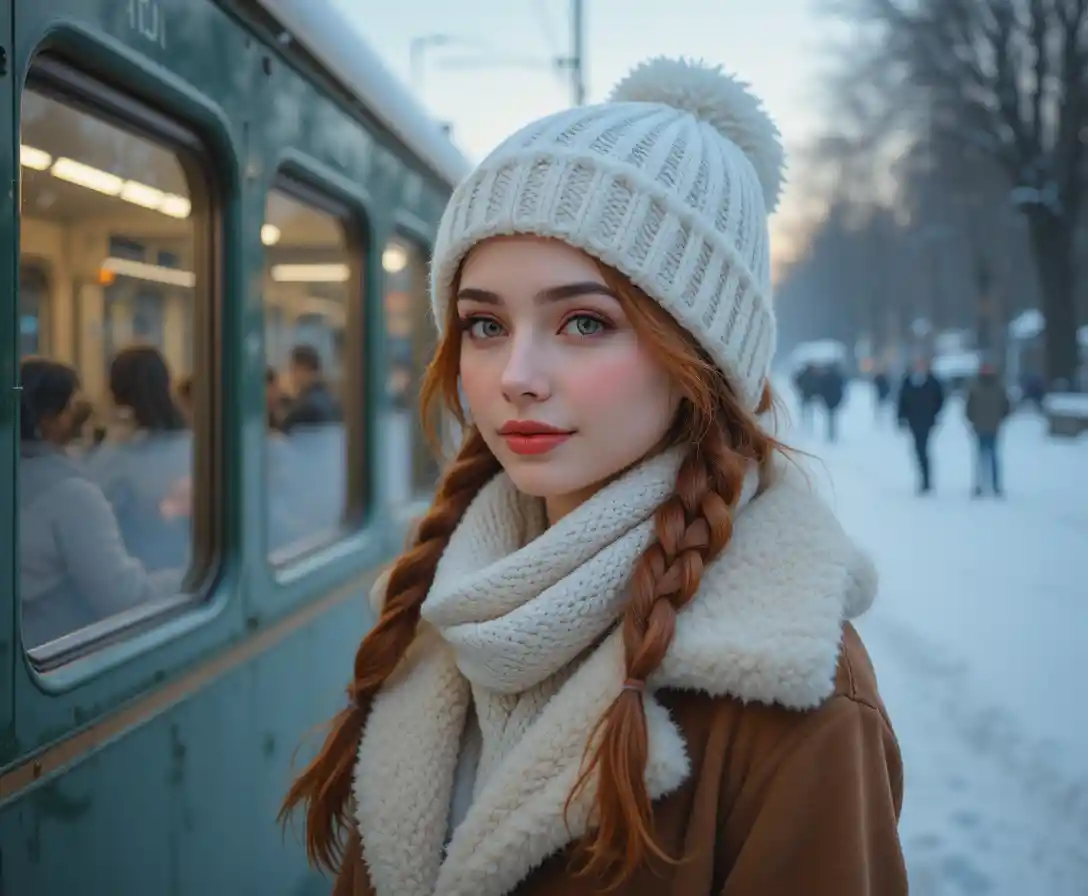 雪地月台上凝望冬日列車車窗的女子