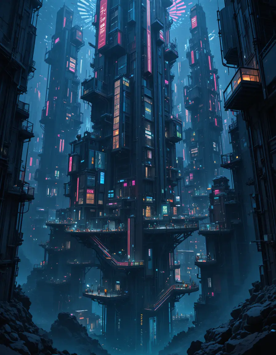 Futuristic skyscraper city plunging into a dark ocean
