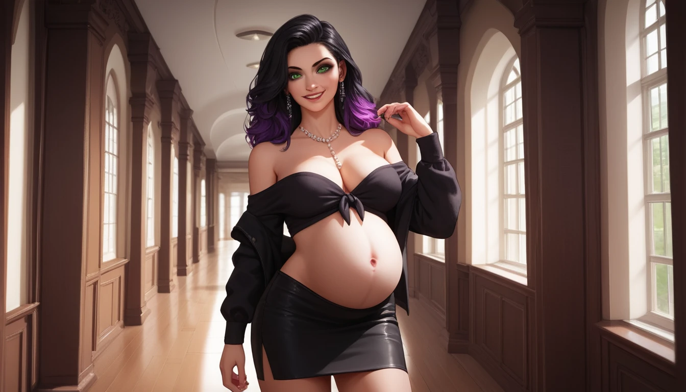Pregnant Japanese goth model posing in a rustic hallway