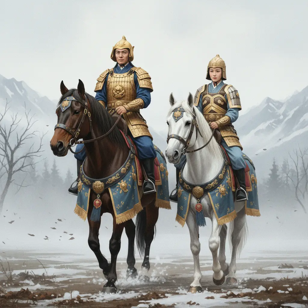 Maréchaux chinois antiques en armure dorée chevauchant des chevaux de guerre