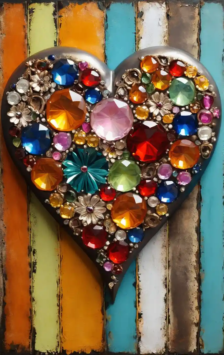 Colorful bejeweled heart artwork on distressed grunge wall