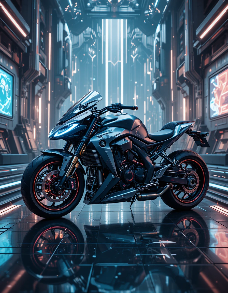 Motocicleta futurista em cidade sci‑fi neon - ilustração