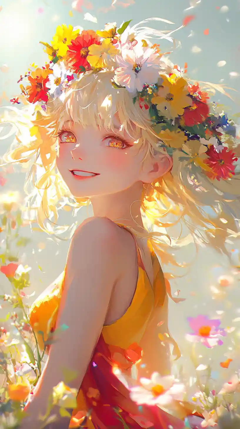 Anime girl balancing colorful flowers on her head