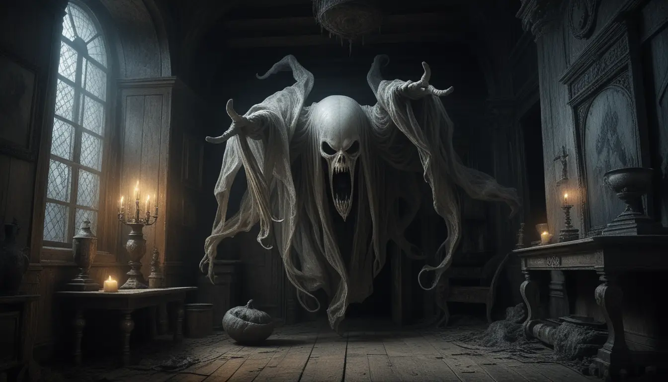 Ghostly apparition screaming above creaking wooden floor