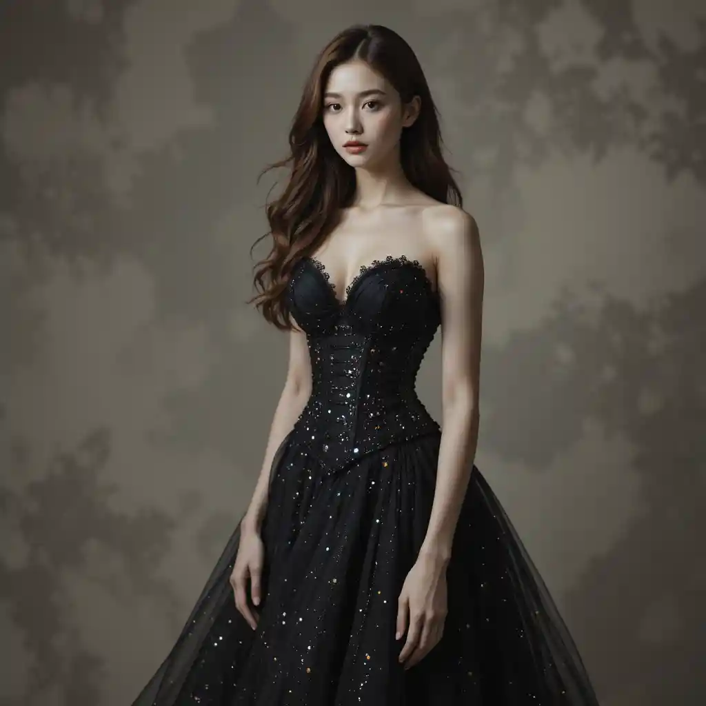 Donna coreana in abito couture nero con strascico luminoso