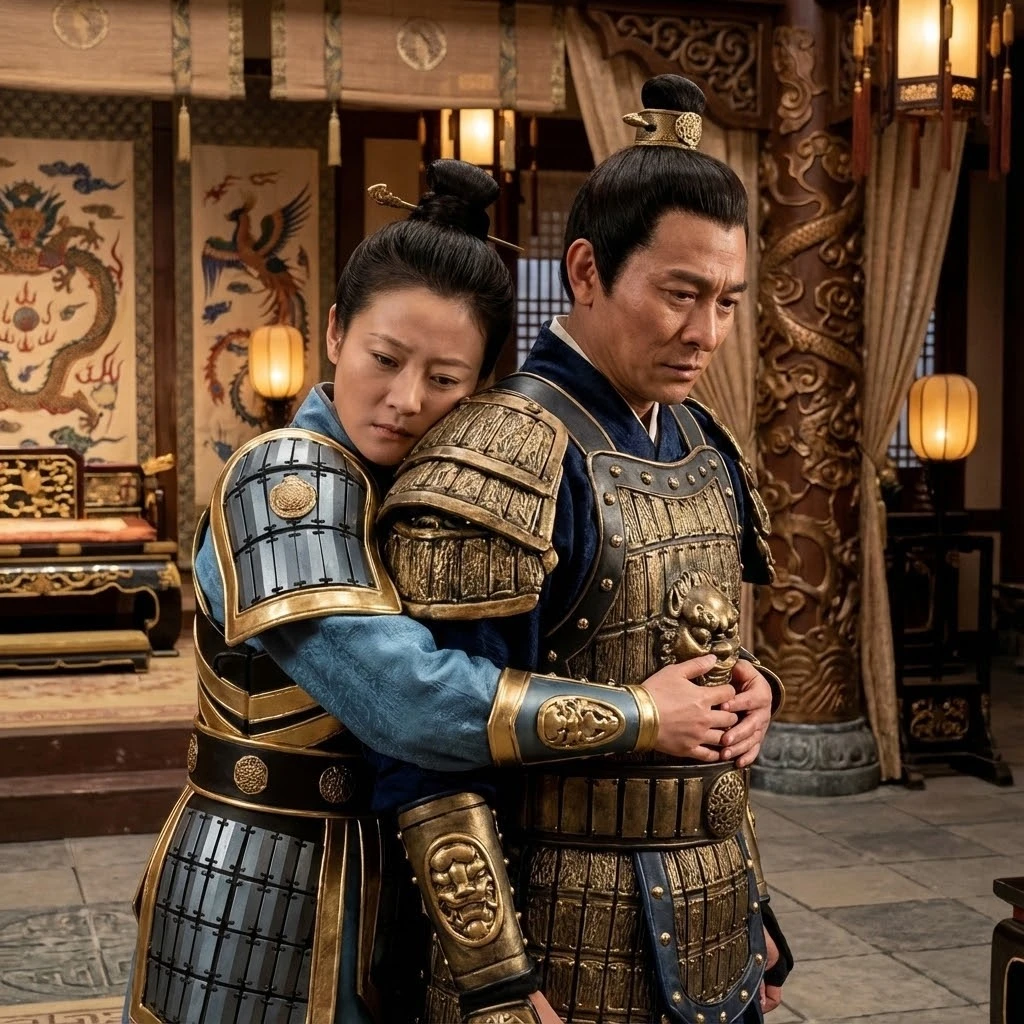 Chinesisches Kriegerpaar, das sich in einem Palastkorridor umarmt
