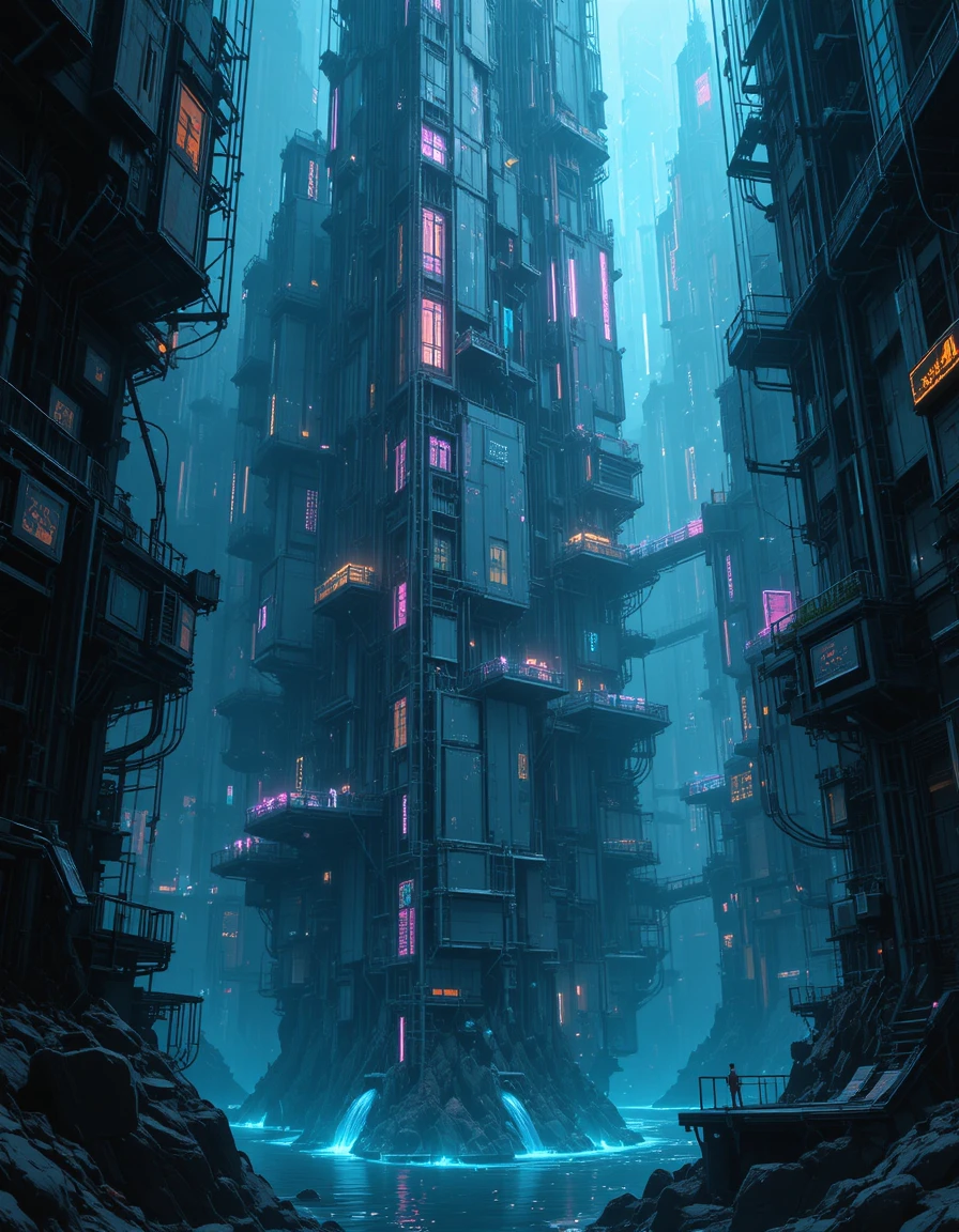 Grattacieli futuristici sprofondano in una oscura città sottomarina al neon
