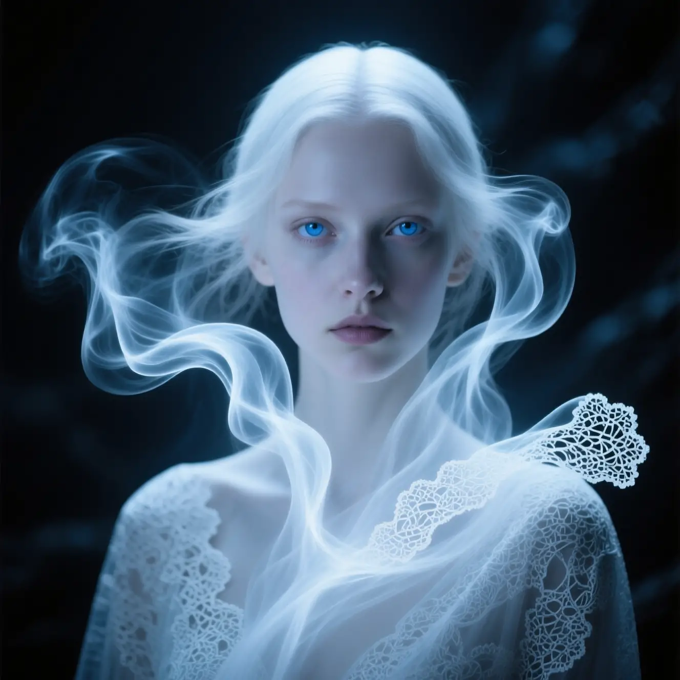 Mystical woman in smoke against deep black background