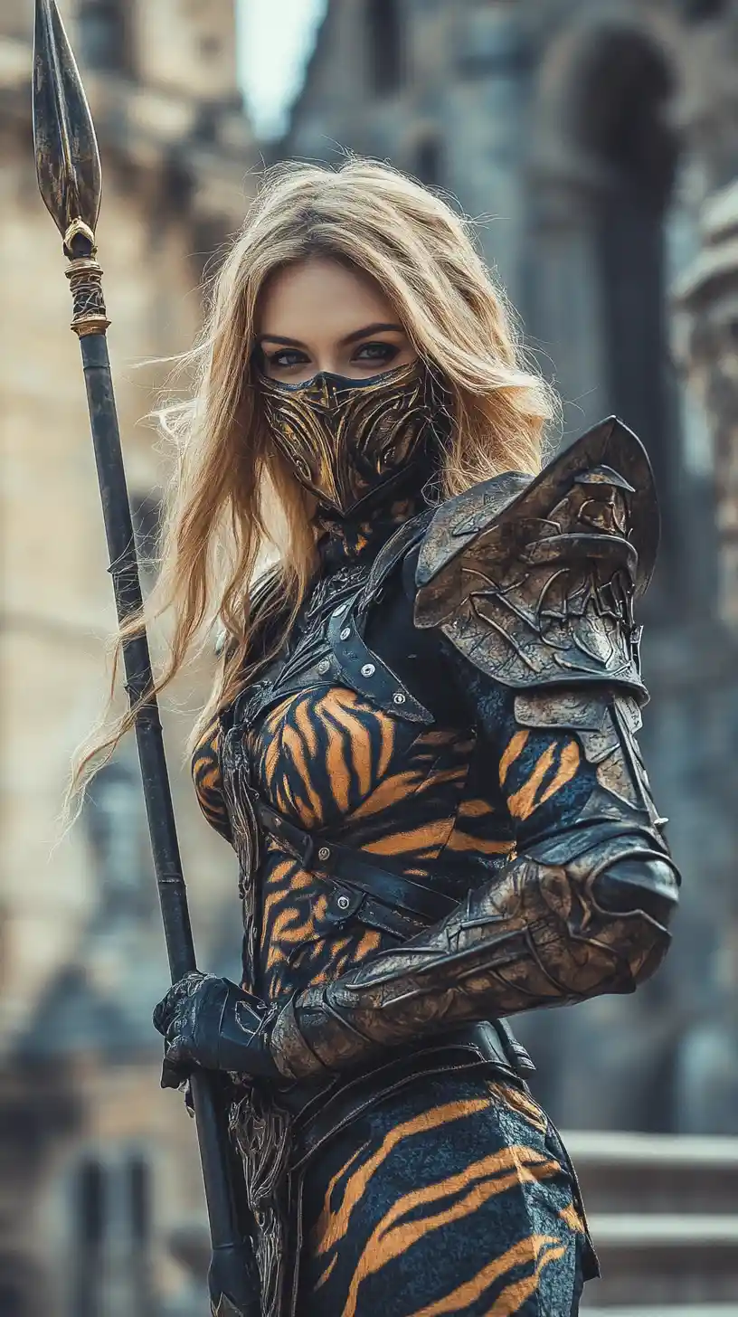 Determined Woman Warrior In Tiger Armor Before Medieval Castle