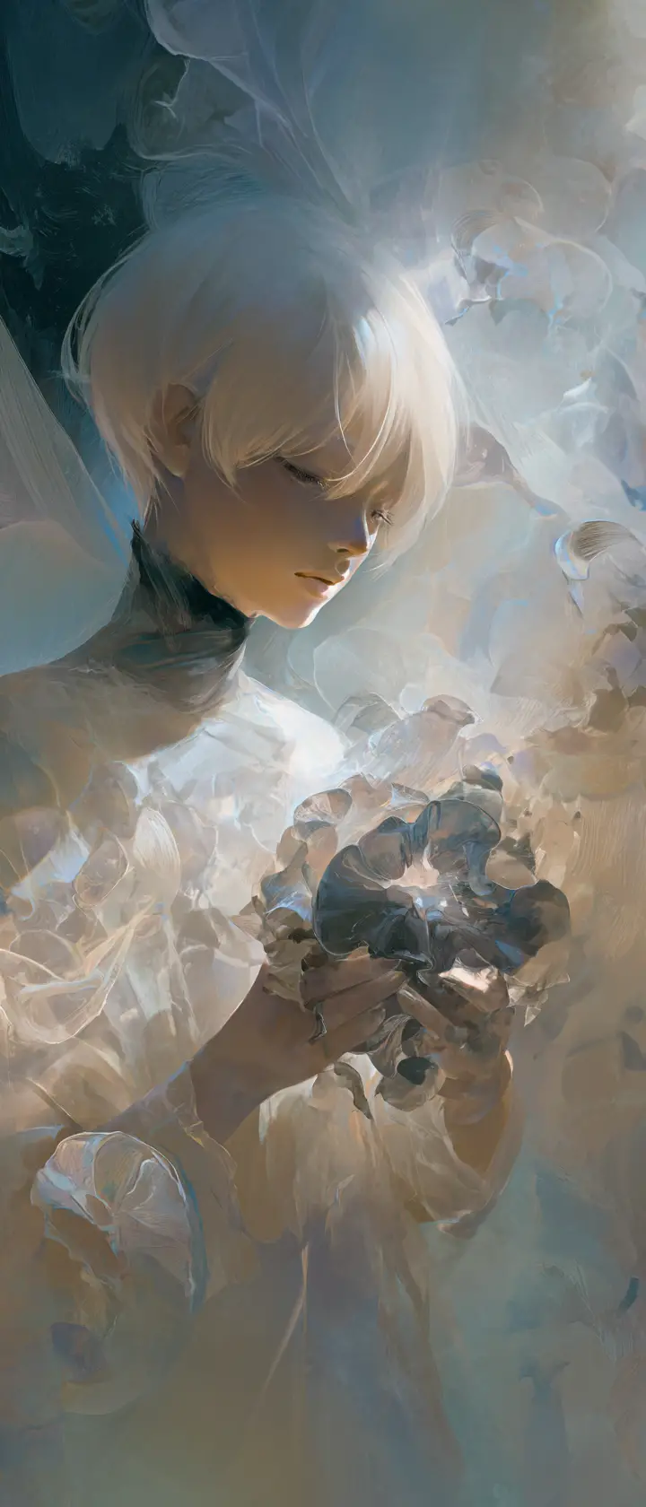 Ethereal woman floating in misty dreamlike space
