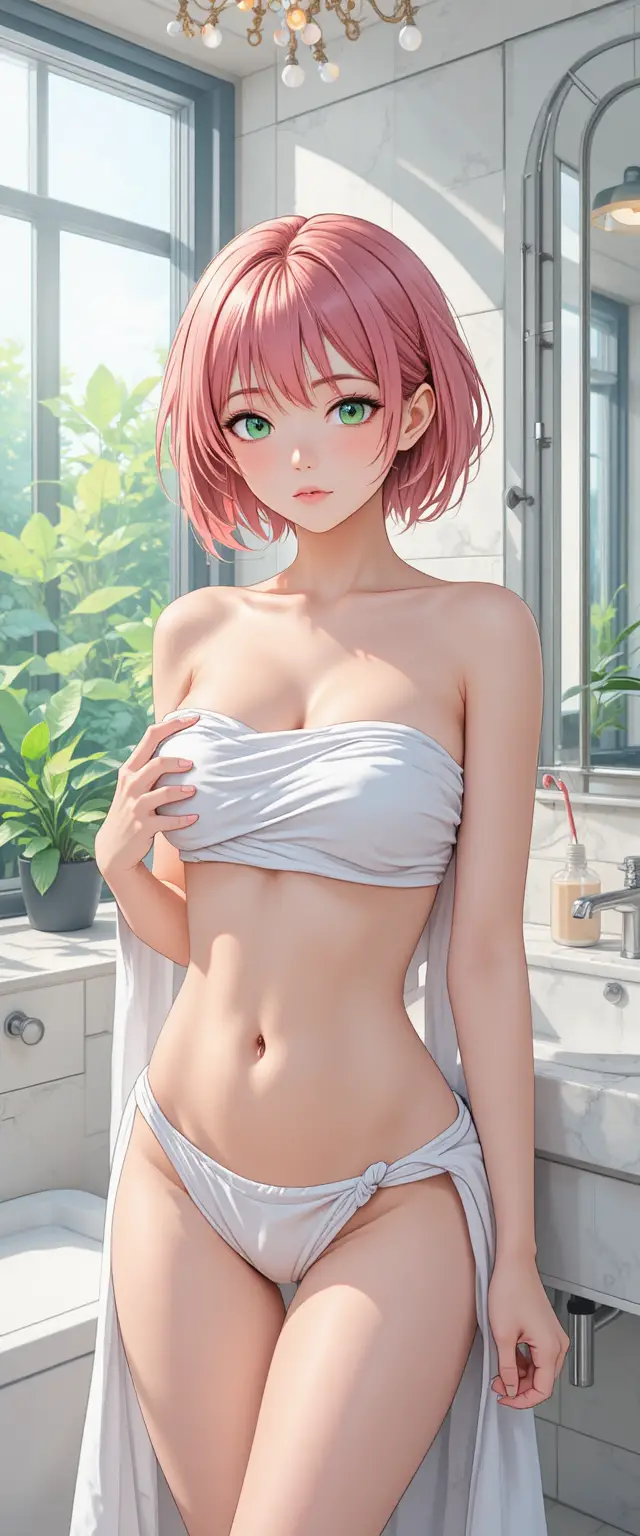 Anime girl with pink hair in a modern bathroom