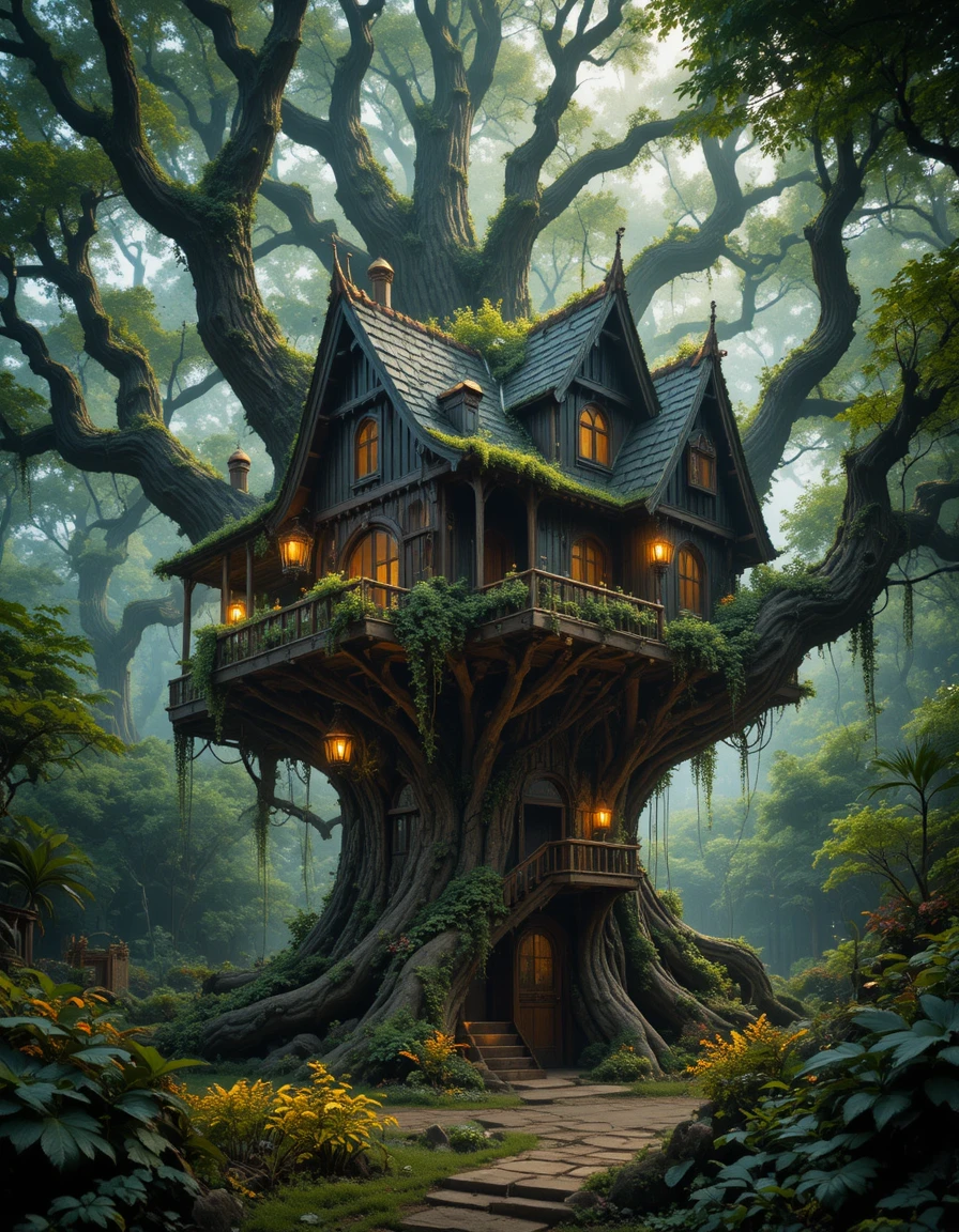 Gotischer Baumhaus-Traum, der im Kerzenlicht im üppigen Wald leuchtet