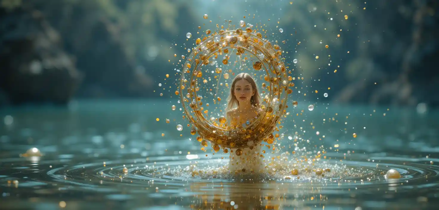 Spider gathering golden bubbles on a quiet pond surface