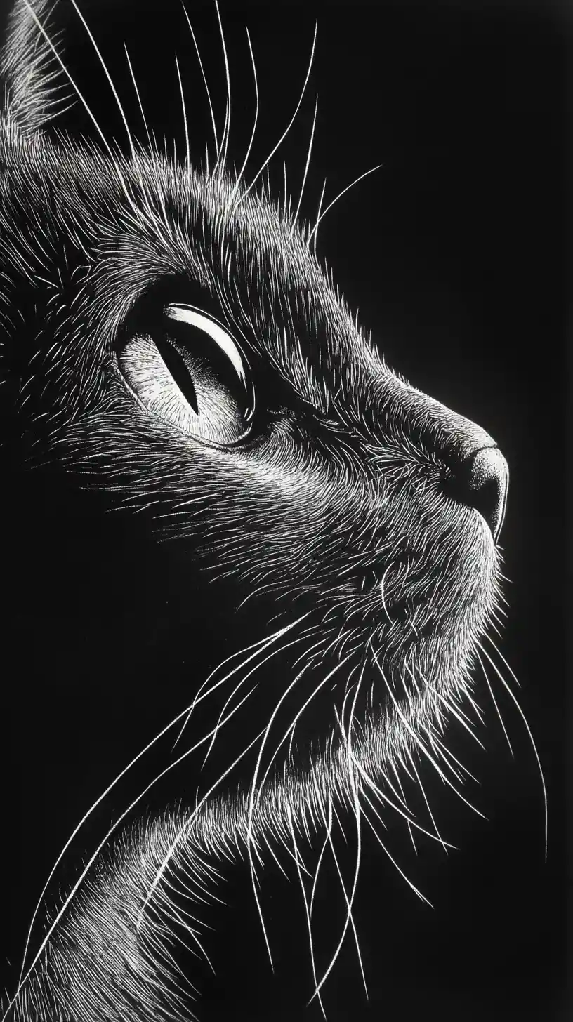 Ritratto in primissimo piano di un gatto nero su scratchboard