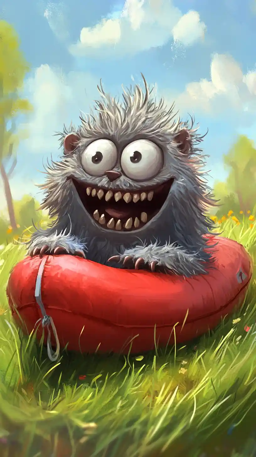 Cute fantasy creature in red boat on green meadow