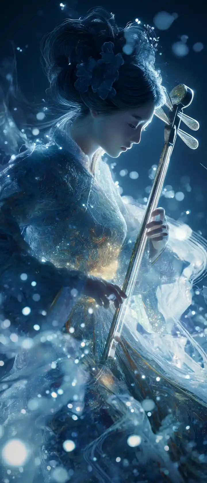 Japanese girl playing shamisen under a dreamy night sky