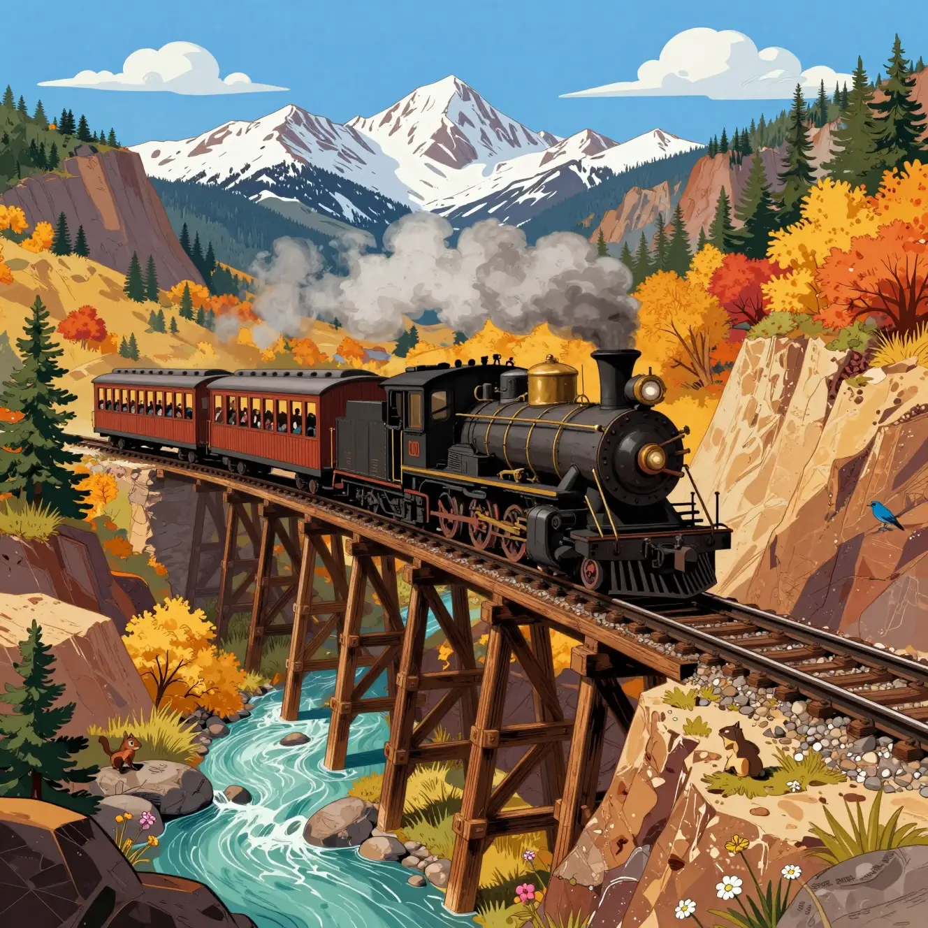 Steam train crossing a mountain trestle bridge