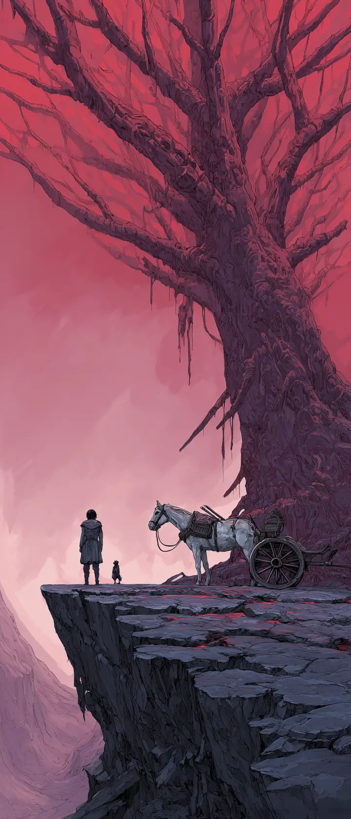 Lone cloaked figure on plateau before bleeding ancient tree
