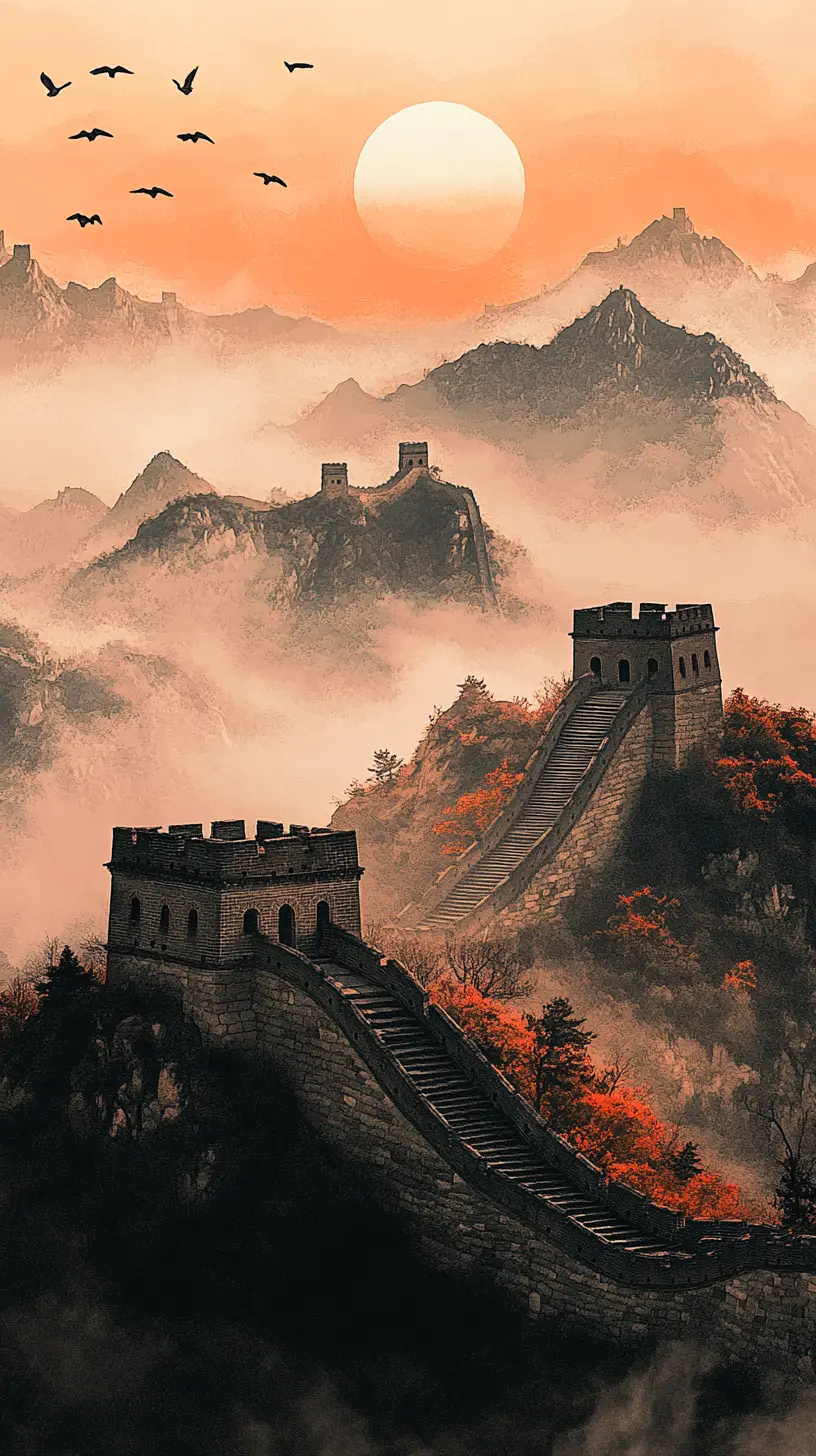 Great Wall of China at sunset over misty mountains