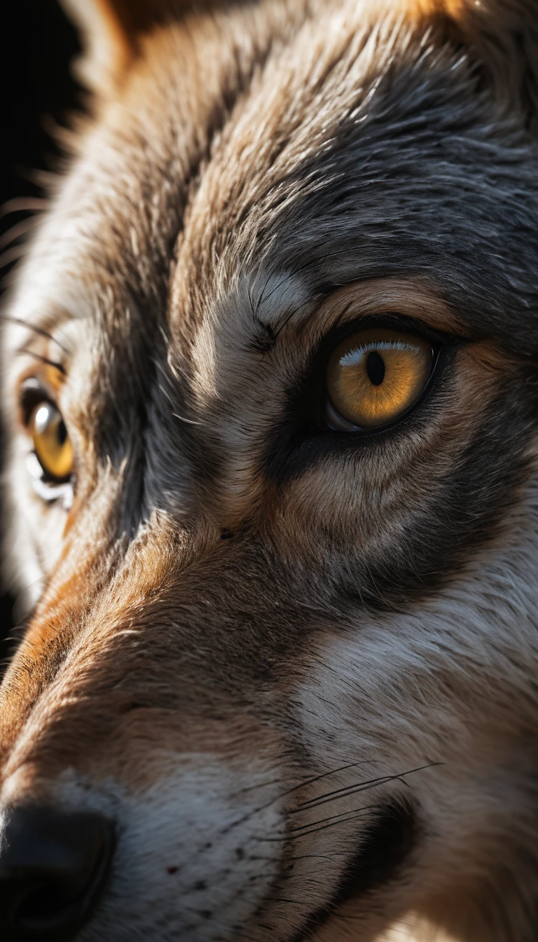 Close up wolf eye in dark soft diffused light