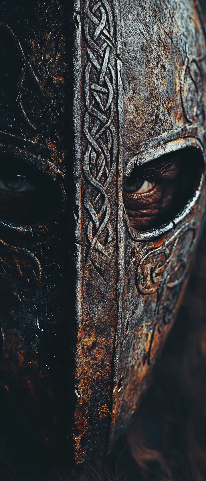 Extreme close up of a medieval helmet with monster eyes