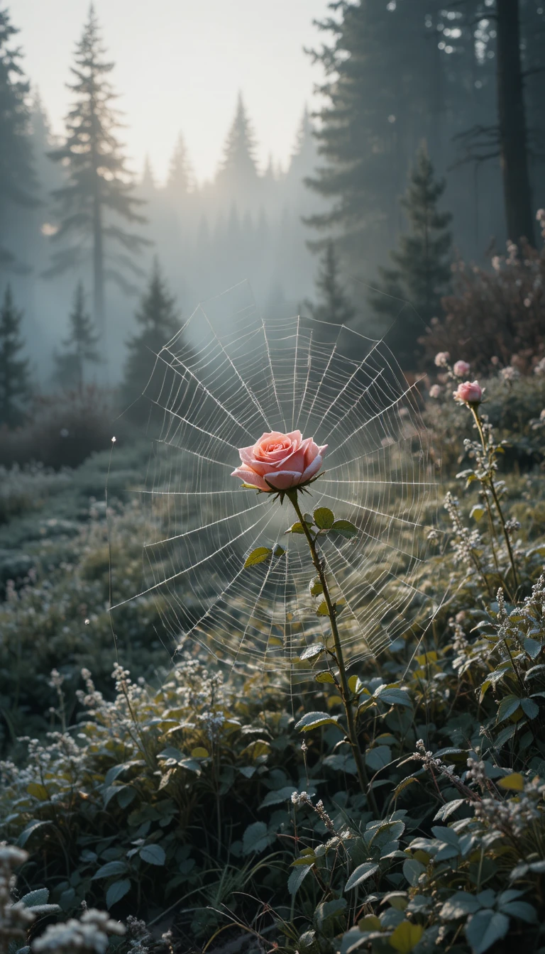 Einzelne Rose auf einem vereisten Spinnennetz im Morgennebel